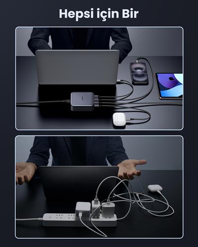 UGREEN Nexode 100W GaN Masaüsü Hızlı Şarj Cihazı Type-C QC PD 4 Portlu 3xUSB-C, 1xUSB-A, 2M Kablolu, Gri, 90928