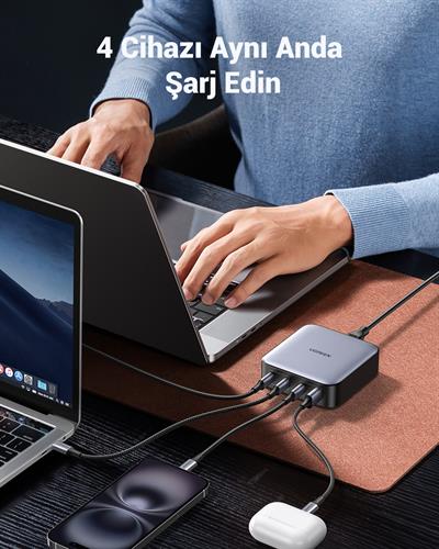 UGREEN Nexode 100W GaN Masaüsü Hızlı Şarj Cihazı Type-C QC PD 4 Portlu 3xUSB-C, 1xUSB-A, 2M Kablolu, Gri, 90928