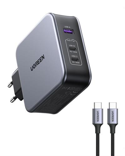 UGREEN Nexode 140W GaN 3 Portlu Hızlı Şarj Cihazı 2xUSB-C, 1xUSB-A QC 4.0 PD 3.1, 1.5M 240W Kablo Dahil, Uzay Grisi, 90549