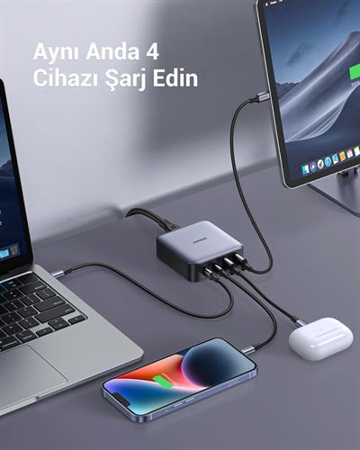 UGREEN Nexode 65W GaN 2 Masaüstü 4 Portlu Hızlı Şarj Cihazı İstasyonu 2xUSB-A, 2xUSB-C, Gri, 90747