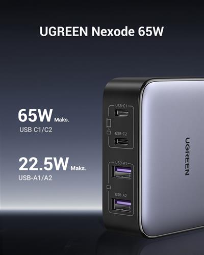 UGREEN Nexode 65W GaN 2 Masaüstü 4 Portlu Hızlı Şarj Cihazı İstasyonu 2xUSB-A, 2xUSB-C, Gri, 90747