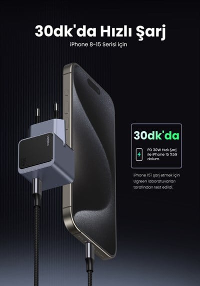 UGREEN Nexode Air 30W GaN Hızlı Şarj Cihazı Type-C QC PD 1xUSB-C, Gri, 35041