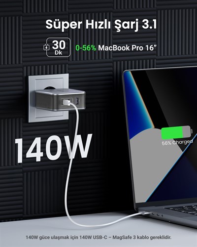 UGREEN Nexode Air GaN 140W Hızlı Şarj Cihazı 4 Portlu PD QC 3xUSB-C, 1xUSB-A, Gri, 45575