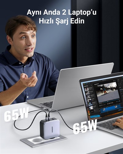 UGREEN Nexode Air GaN 140W Hızlı Şarj Cihazı 4 Portlu PD QC 3xUSB-C, 1xUSB-A, Gri, 45575