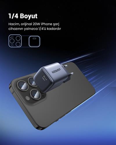 UGREEN Nexode GaN 2 Mini 20W Type-C PD Hızlı Şarj Cihazı 1xUSB-C, Uzay Grisi, 90664