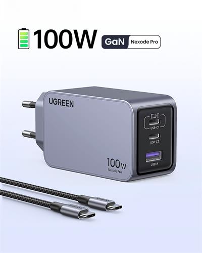 UGREEN Nexode Pro 100W GaN Hızlı Şarj Cihazı Type-C QC PD 2xUSB-C, 1xUSB-A, 1.5M 100W Kablo Dahil, Uzay Grisi, 25874