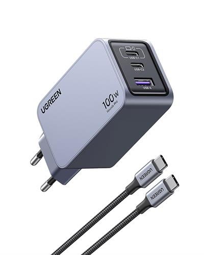 UGREEN Nexode Pro 100W GaN Hızlı Şarj Cihazı Type-C QC PD 2xUSB-C, 1xUSB-A, 1.5M 100W Kablo Dahil, Uzay Grisi, 25874