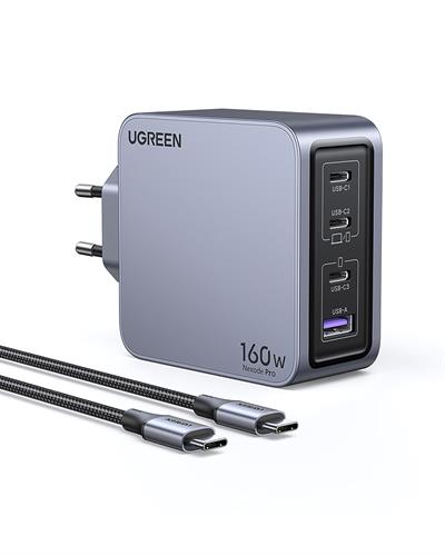 UGREEN Nexode Pro 160W GaN Hızlı Şarj Cihazı 100W Kablolu Type-C QC PD 3xUSB-C, 1xUSB-A, 1.5M 240W Kablo Dahil, Uzay Grisi, 25877