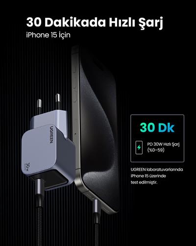 UGREEN Nexode Pro 30W GaN Hızlı Şarj Cihazı Type-C QC PD 1xUSB-C, Uzay Grisi, 35006