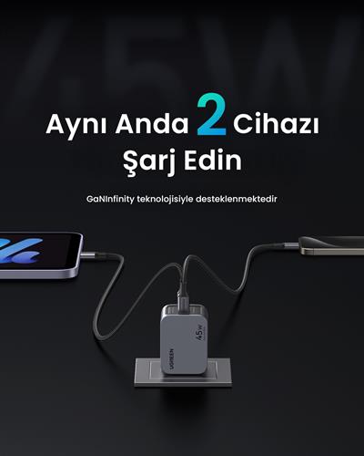 UGREEN Nexode Pro 45W GaN Hızlı Şarj Cihazı Type-C QC PD 2xUSB-C, Uzay Grisi, 35008