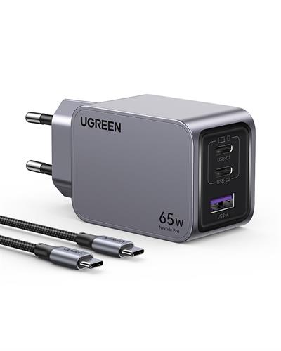 UGREEN Nexode Pro 65W GaN Hızlı Şarj Cihazı Type-C QC PD 2xUSB-C, 1xUSB-A, 1.5M 100W Kablo Dahil, Uzay Grisi, 25871