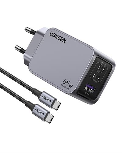 UGREEN Nexode Pro 65W GaN Hızlı Şarj Cihazı Type-C QC PD 2xUSB-C, 1xUSB-A, 1.5M 100W Kablo Dahil, Uzay Grisi, 25871