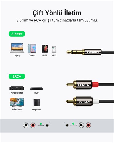 UGREEN RCA 3.5mm Aux Ses Kablosu, 3 Metre, 10590