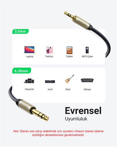 UGREEN Stereo 3.5mm TRS to 6.35mm Audio Kablo, 2m, 10628
