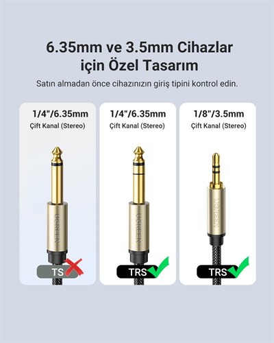 UGREEN Stereo 3.5mm TRS to 6.35mm Audio Kablo, 2m, 10628