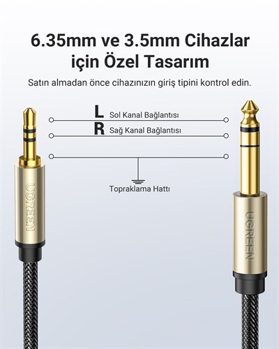 UGREEN Stereo 3.5mm TRS to 6.35mm Audio Kablo, 3m, 10629