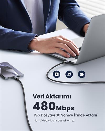 UGREEN USB-C 100W 5A QC PD Örgülü Hızlı Şarj Kablosu, 1 Metre, Siyah, 70427