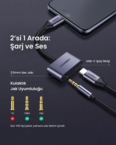 UGREEN Type-C 3.5mm Kulaklık ve Şarj Dönüştürücü, 50596