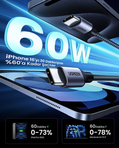 UGREEN USB-C 60W 3A QC PD Örgülü Hızlı Şarj Kablosu, 1 Metre, Siyah, 50150
