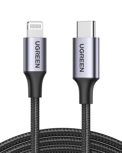 UGREEN Type-C to Lightning 3A PD MFi Sertifikalı Örgülü Hızlı Şarj Kablosu, 1 Metre, Siyah, 60759