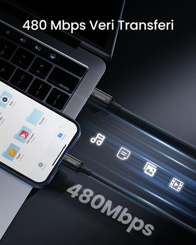 UGREEN Type-C to Lightning 3A PD MFi Sertifikalı Hızlı Şarj Kablosu, 1 Metre, Siyah, 60751