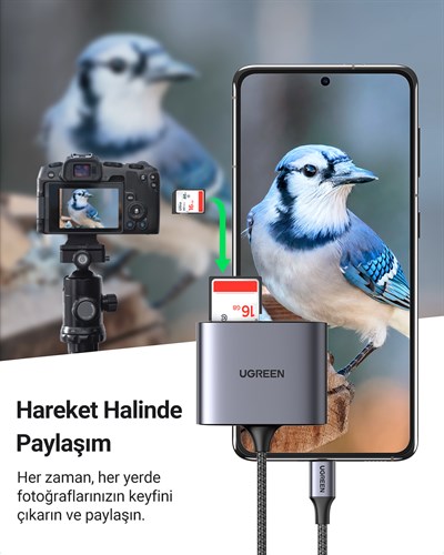 UGREEN Type-C to SD Micro SD/TF + USB 2.0 Kart Okuyucu Adaptör, 80798