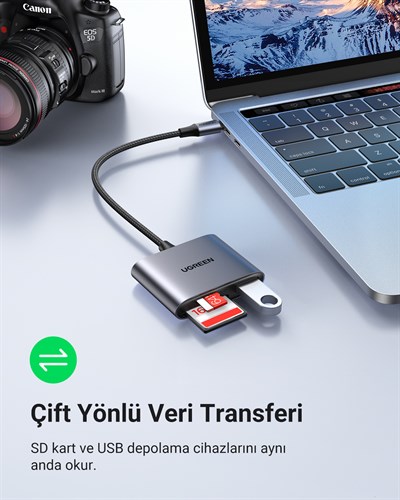UGREEN Type-C to SD Micro SD/TF + USB 2.0 Kart Okuyucu Adaptör, 80798