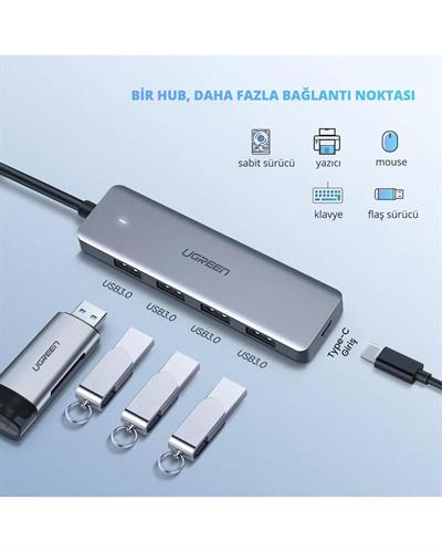 UGREEN Type-C USB 3.0 4 Port USB Hub Çoklayıcı, Gri, 70336