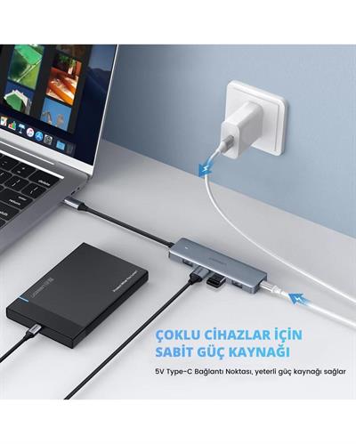 UGREEN Type-C USB 3.0 4 Port USB Hub Çoklayıcı, Gri, 70336