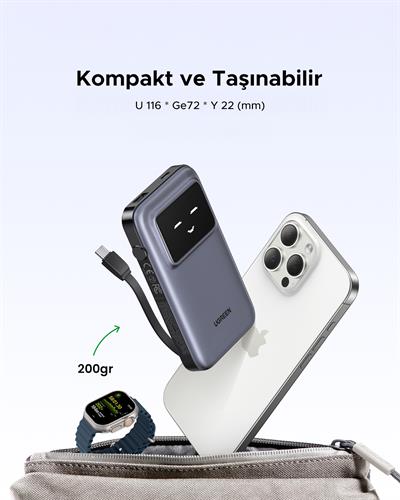 UGREEN Uno Dahili Kablolu 10.000 mAh 30W Hızlı Şarj Powerbank, Siyah, 35603B