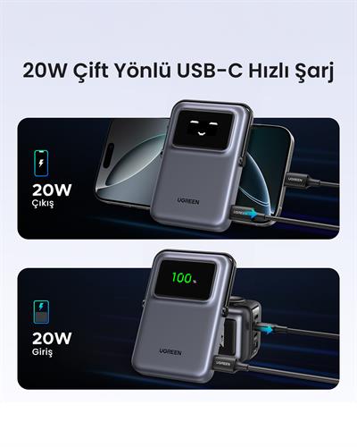 UGREEN Uno MagSafe Wireless 10.000 mAh 20W Hızlı Şarj Mini Powerbank, Siyah, 45327