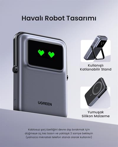 UGREEN Uno MagSafe Wireless 10.000 mAh 20W Hızlı Şarj Mini Powerbank, Siyah, 45327