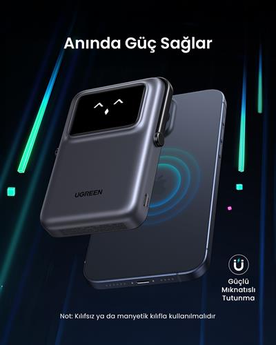 UGREEN Uno MagSafe Wireless 10.000 mAh 20W Hızlı Şarj Mini Powerbank, Siyah, 45327