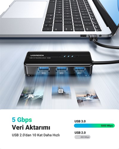 UGREEN USB 3.0 Gigabit Ethernet RJ45 Dönüştürücü 3 Port Hub USB Çoklayıcı, 20265