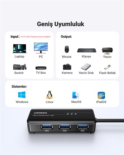UGREEN USB 3.0 Gigabit Ethernet RJ45 Dönüştürücü 3 Port Hub USB Çoklayıcı, 20265