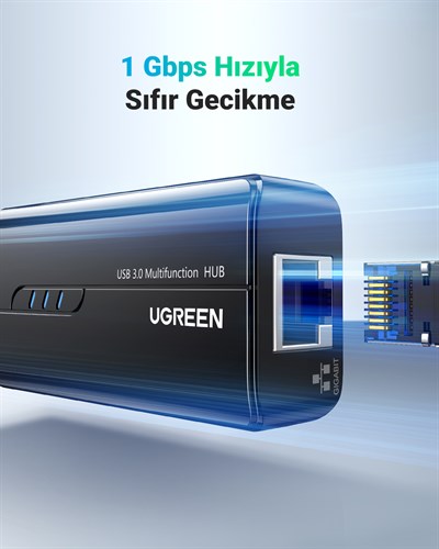 UGREEN USB 3.0 Gigabit Ethernet RJ45 Dönüştürücü 3 Port Hub USB Çoklayıcı, 20265
