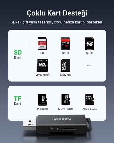 UGREEN USB 3.0 SD ve Micro SD Kart Okuyucu, Siyah, 40752