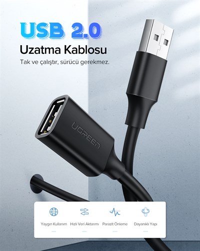 UGREEN USB-A 2.0 Uzatma Kablosu Siyah 1.5 Metre, 10315