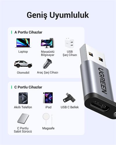 UGREEN USB-A 3.0 Male to USB-C Female 5 Gbps Dönüştürücü Adaptör, 50533