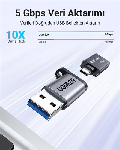 UGREEN USB-A 3.0 Male to USB-C Female 5 Gbps Dönüştürücü Adaptör, 50533