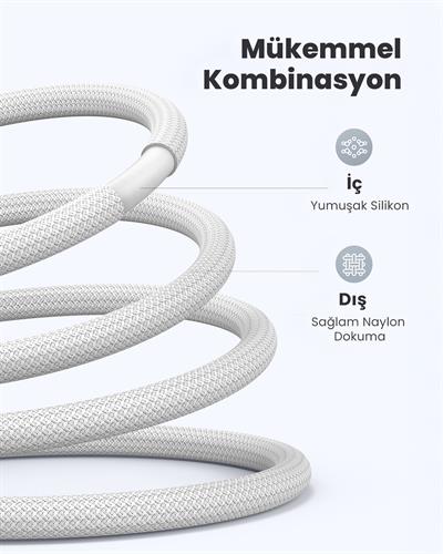 UGREEN USB-C 100W 3A QC PD Silikon Örgülü Hızlı Şarj Kablosu,1 Metre, Beyaz, 15267