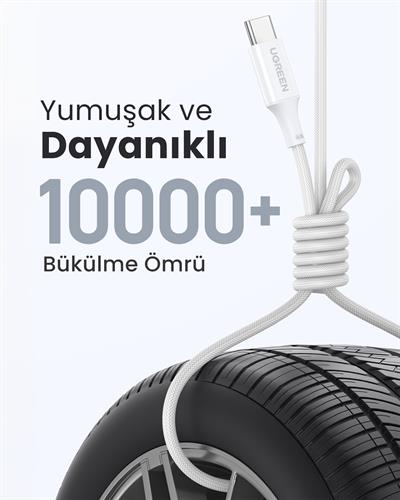 UGREEN USB-C 100W 3A QC PD Silikon Örgülü Hızlı Şarj Kablosu,1 Metre, Beyaz, 15267