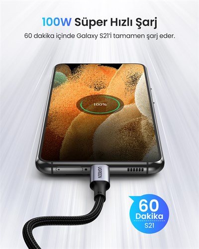 UGREEN USB-C 100W 5A QC PD 90 Derece Örgülü Hızlı Şarj Kablosu, 2 Metre, Siyah, 70645
