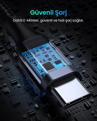 UGREEN USB-C 100W 5A QC PD 90 Derece Örgülü Hızlı Şarj Kablosu, 1 Metre, Siyah, 70643