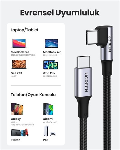 UGREEN USB-C 100W 5A QC PD 90 Derece Örgülü Hızlı Şarj Kablosu, 2 Metre, Siyah, 70645