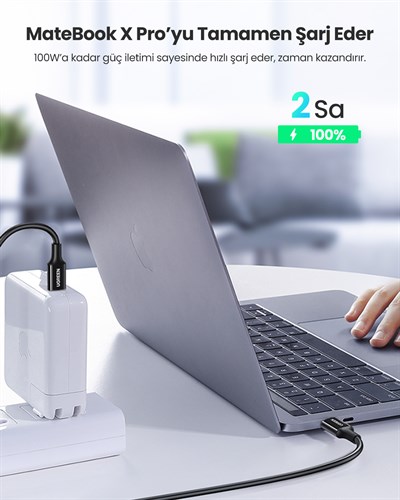 UGREEN USB-C 100W 5A QC PD Hızlı Şarj Kablosu, 2 Metre, Siyah, 80372