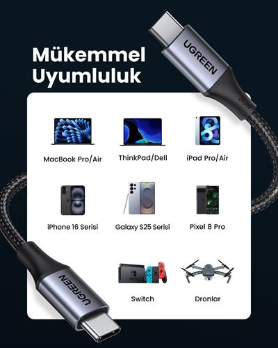 UGREEN USB-C 240W Örgülü Hızlı Şarj Kablosu, 2 Metre, Siyah, 90440