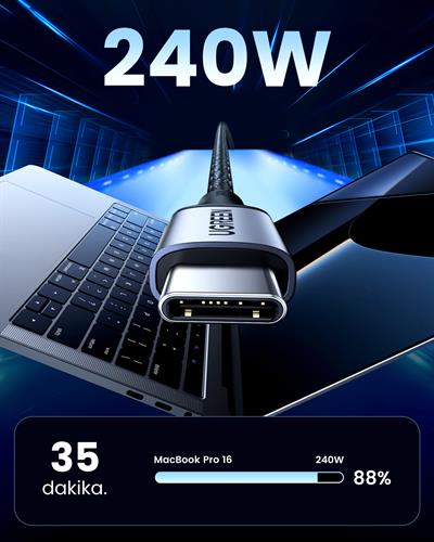UGREEN USB-C 240W Örgülü Hızlı Şarj Kablosu, 2 Metre, Siyah, 90440