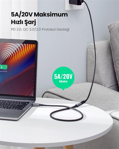 Ugreen USB C 3.1 Gen2 100W Thunderbolt 3 Alüminyum Gövde Örgülü Uzatma Kablosu 0.5m, Siyah, 80810