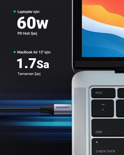 UGREEN USB-C 60W 3A QC PD 90 Derece Örgülü Hızlı Şarj Kalosu, 2 Metre, Siyah, 50125
